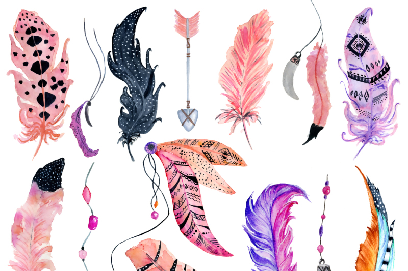 boho-feathers-watercolor-pink-clipart