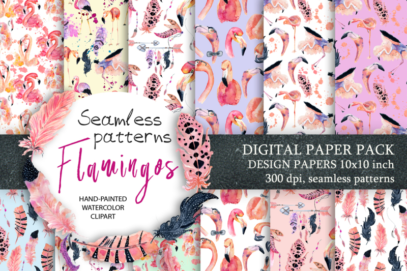 digital-paper-seamless-pattern-flamingo-clipart-watercolor