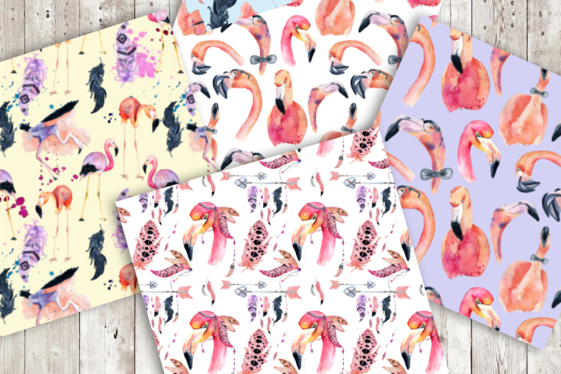 digital-paper-seamless-pattern-flamingo-clipart-watercolor