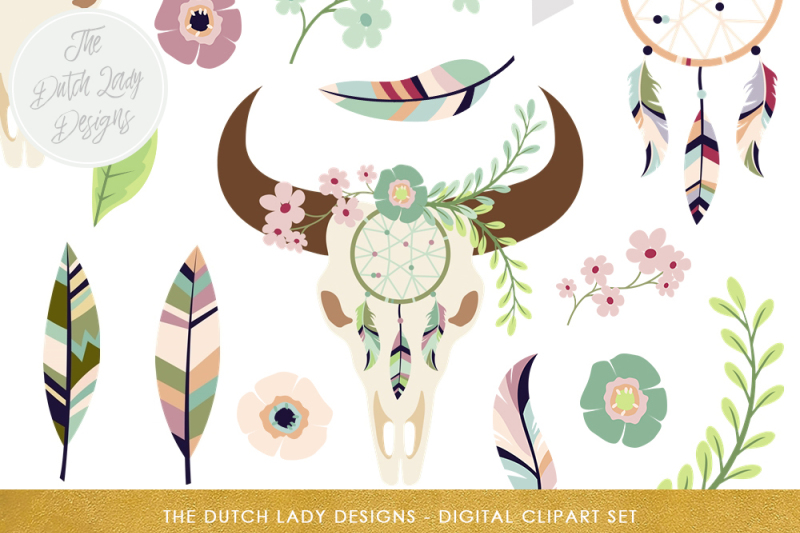 bohemian-clipart-set-with-skulls-feathers-amp-dreamcatchers