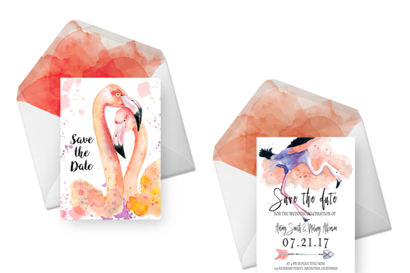 save-the-date-cards-flamingo-watercolors-wedding-invitation-suite