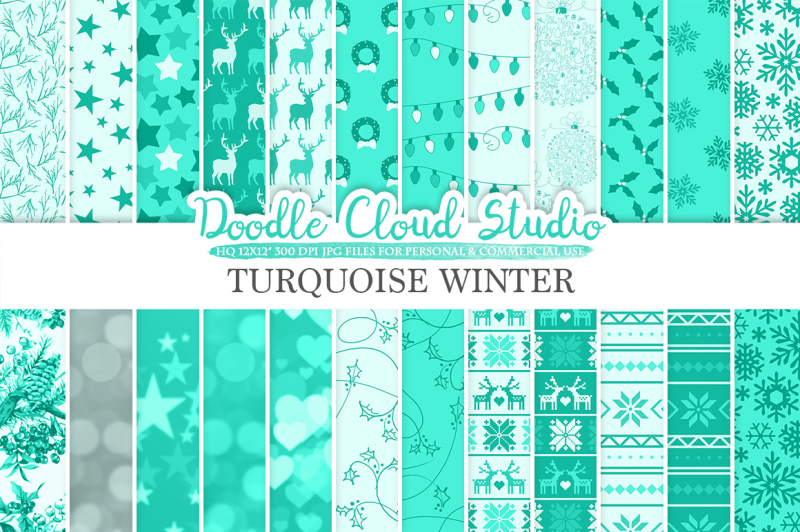 turquoise-winter-digital-paper-christmas-holiday-aqua-patterns-stars-snow-deers-xmas-background-instant-download-personal-and-commercial-use