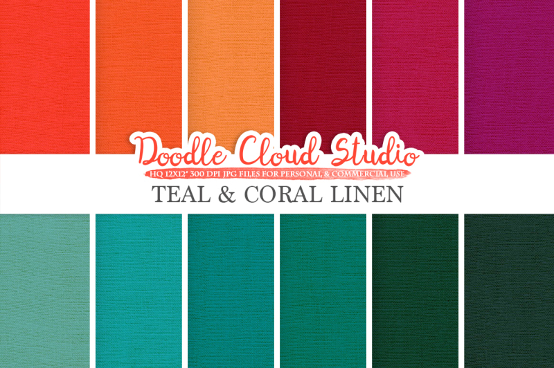 teal-and-coral-linen-fabric-digital-paper-pack-turquoise-red-orange-backgrounds-linen-texture-instant-download-personal-and-commercial-use