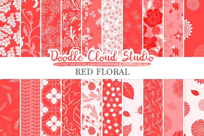 red-floral-digital-paper-scarlet-floral-pattern-flowers-dhalia-leaves-damask-calico-background-instant-download-personal-and-commercial-use