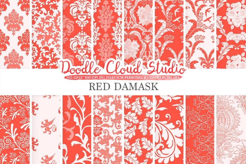 red-damask-digital-paper-swirls-patterns-digital-floral-damask-scarlet-vermolion-backgrounds-instant-download-personal-and-commercial-use