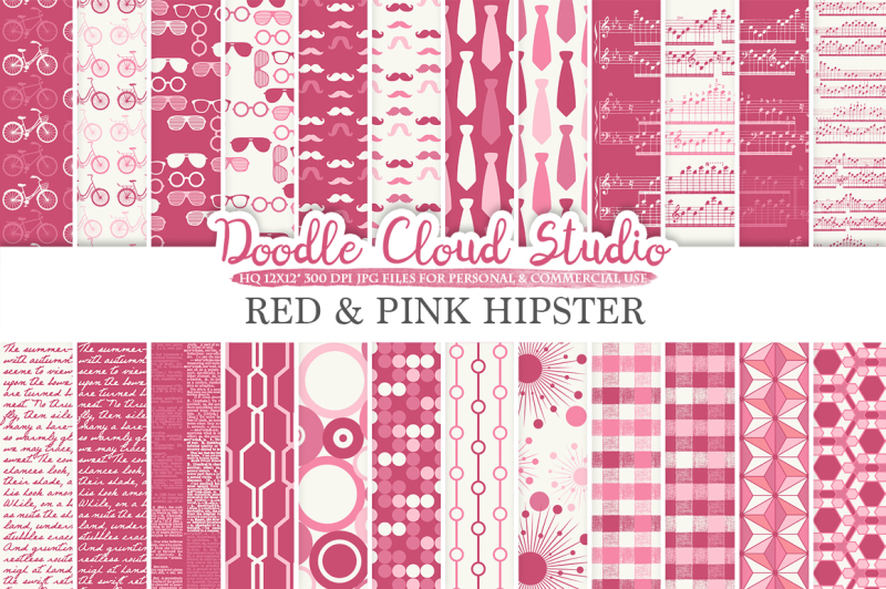 red-and-pink-hipster-digital-paper-purple-wine-vintage-father-s-day-tie-mustaches-bike-music-glasses-plaid-pattern-personal-and-commercial-use