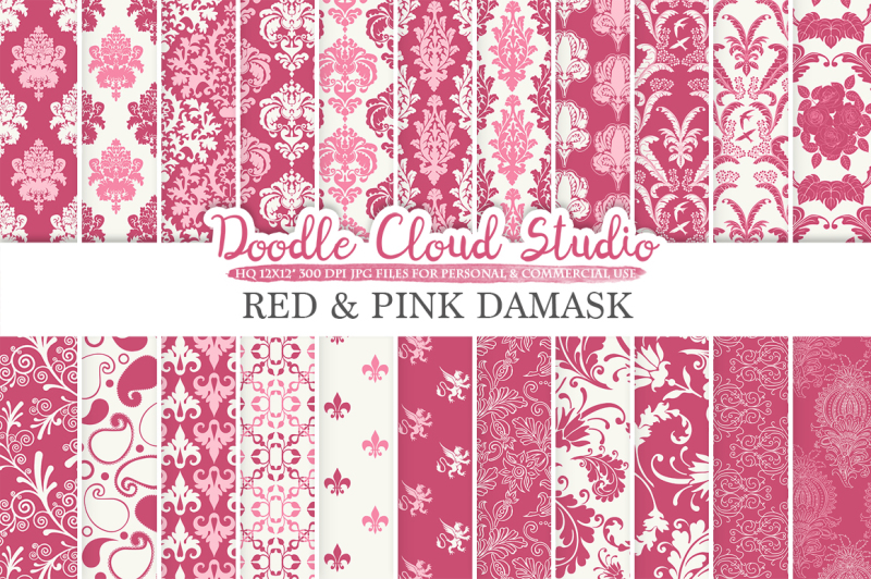 red-and-pink-damask-digital-paper-purple-wine-swirls-patterns-digital-floral-damask-background-for-personal-and-commercial-use