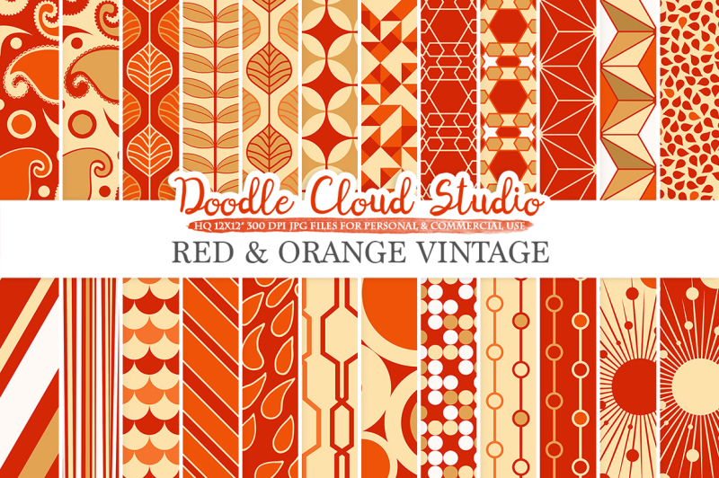red-and-orange-retro-digital-paper-geometric-vintage-patterns-red-and-gold-digital-backgrounds-for-personal-and-commercial-use