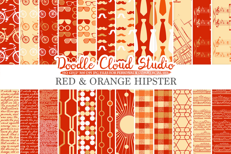 red-and-orange-hipster-digital-paper-gold-vintage-father-s-day-tie-mustaches-bikes-music-glasses-plaid-patterns-personal-and-commercial-use