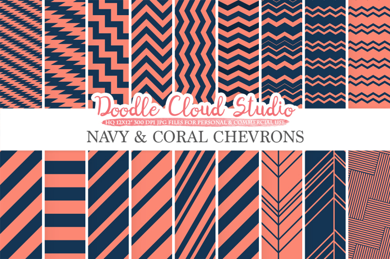 navy-and-coral-chevron-digital-paper-chevron-and-stripes-pattern-zig-zag-lines-dark-blue-background-for-personal-and-commercial-use