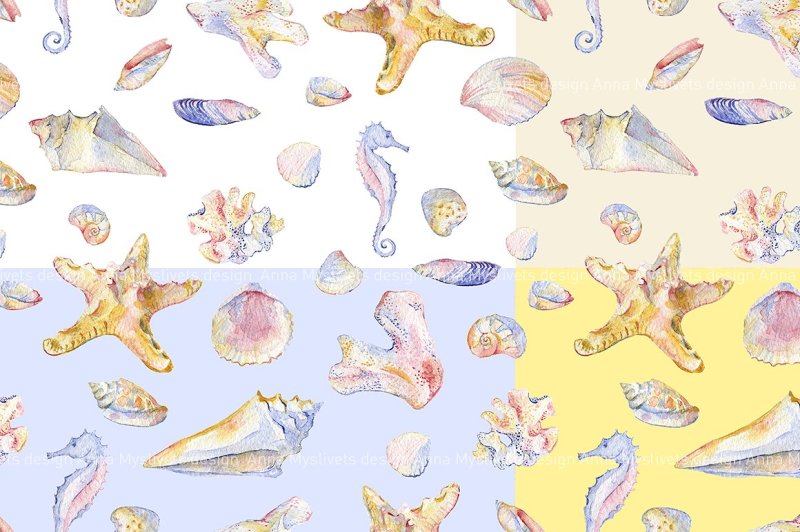 watercolor-sea-shells-and-seahorse