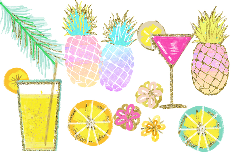 tropical-clip-art-watercolor-summer-clipart-pineapple-summer-clipart-beach-clipart-lemon-clipart-pineapple-clipart-signature-drink