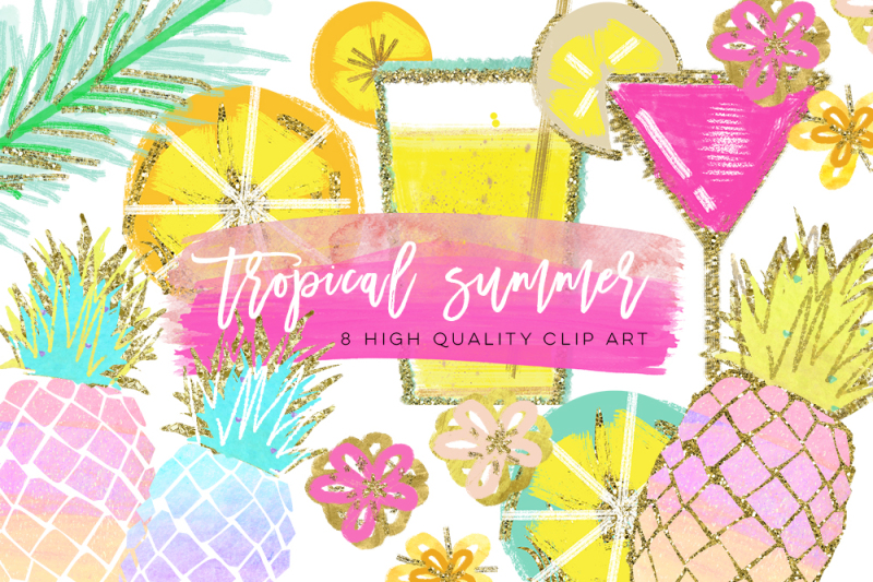 tropical-clip-art-watercolor-summer-clipart-pineapple-summer-clipart-beach-clipart-lemon-clipart-pineapple-clipart-signature-drink