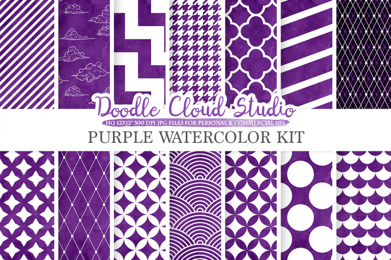 purple-watercolor-digital-paper-geometric-diamond-chevron-stripes-scallops-houndstooth-quatrefoil-patterns-instant-download-commercial-use