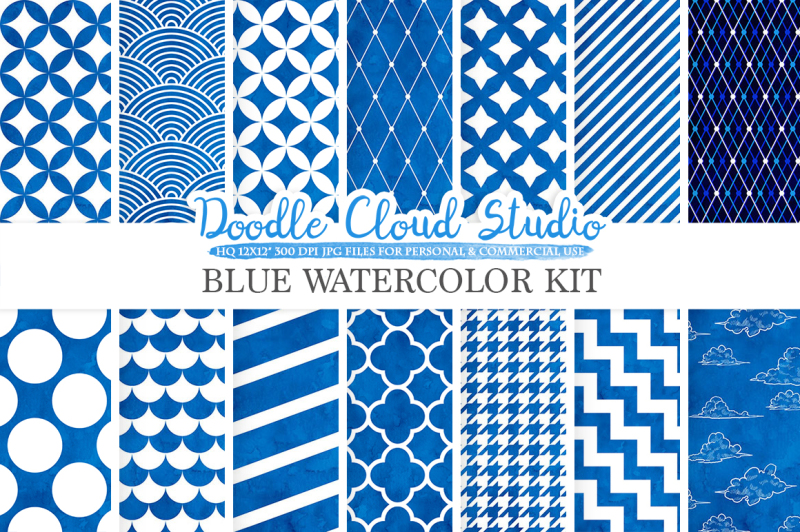 blue-watercolor-digital-paper-geometric-diamond-chevron-dots-scallops-houndstooth-quatrefoil-patterns-instant-download-commercial-use