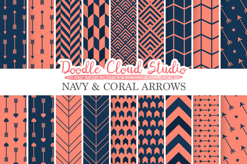 navy-and-coral-arrows-digital-paper-arrow-patterns-tribal-archery-chevron-triangles-dark-blue-backgrounds-for-personal-and-commercial-use