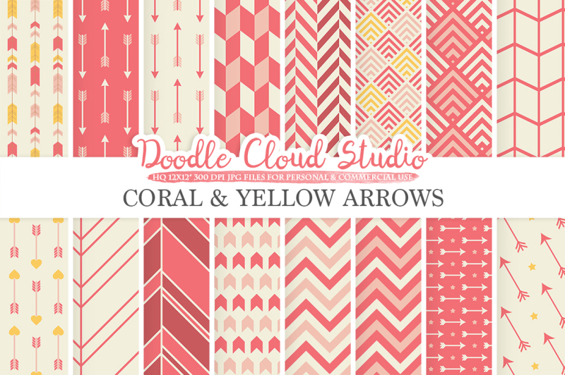 coral-and-yellow-arrows-digital-paper-pink-coral-arrow-patterns-tribal-archery-chevron-triangles-backgrounds-for-personal-and-commercial-use