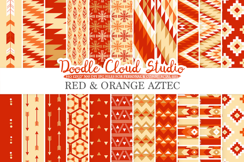 red-and-orange-aztec-digital-paper-tribal-patterns-native-triangles-geometric-ethnic-arrows-gold-background-for-personal-and-commercial-use
