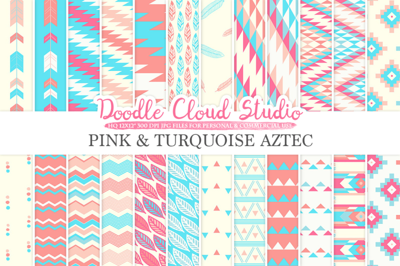 pink-and-turquoise-aztec-digital-paper-tribal-patterns-native-triangles-geometric-ethnic-arrows-blue-backgrounds-personal-and-commercial-use