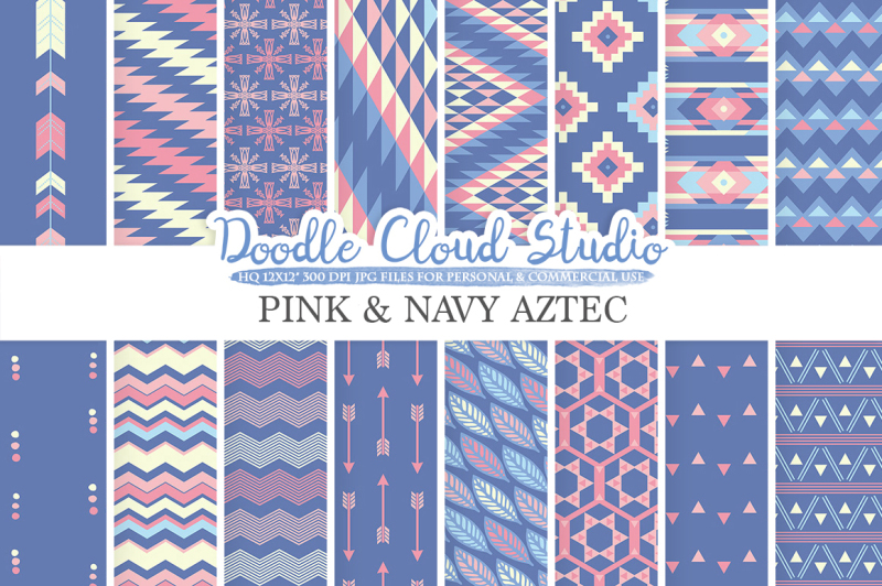 pink-and-navy-aztec-digital-paper-tribal-patterns-native-triangles-geometric-ethnic-arrows-purple-blue-background-personal-and-commercial-use