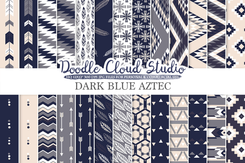 dark-navy-blue-gray-cream-aztec-digital-paper-tribal-patterns-native-triangles-geometric-ethnic-arrows-background-personal-and-commercial-use