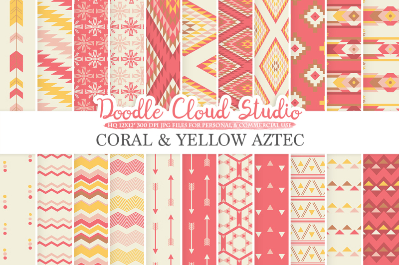 coral-and-yellow-aztec-digital-paper-pink-tribal-patterns-native-triangles-geometric-ethnic-arrows-background-for-personal-and-commercial-use