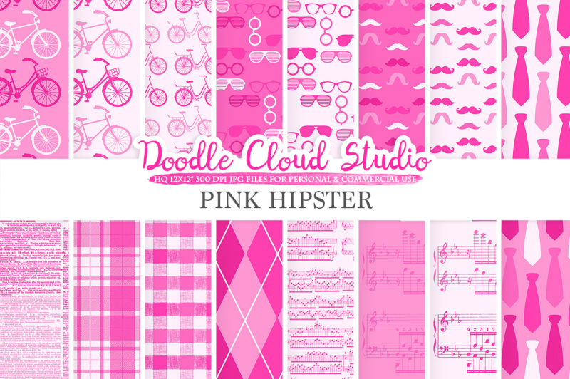hot-pink-hipster-digital-paper-vintage-father-s-day-tie-mustaches-bikes-music-glasses-plaid-pattern-instant-download-personal-and-commercial-use