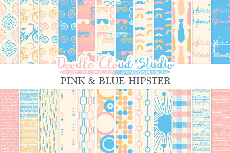 pink-and-blue-hipster-digital-paper-vintage-father-s-day-tie-mustaches-bikes-music-glasses-plaid-azure-patterns-personal-and-commercial-use