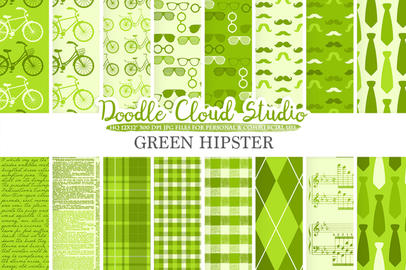 green-hipster-digital-paper-vintage-father-s-day-tie-mustaches-bikes-music-glasses-plaid-pattern-instant-download-personal-and-commercial-use