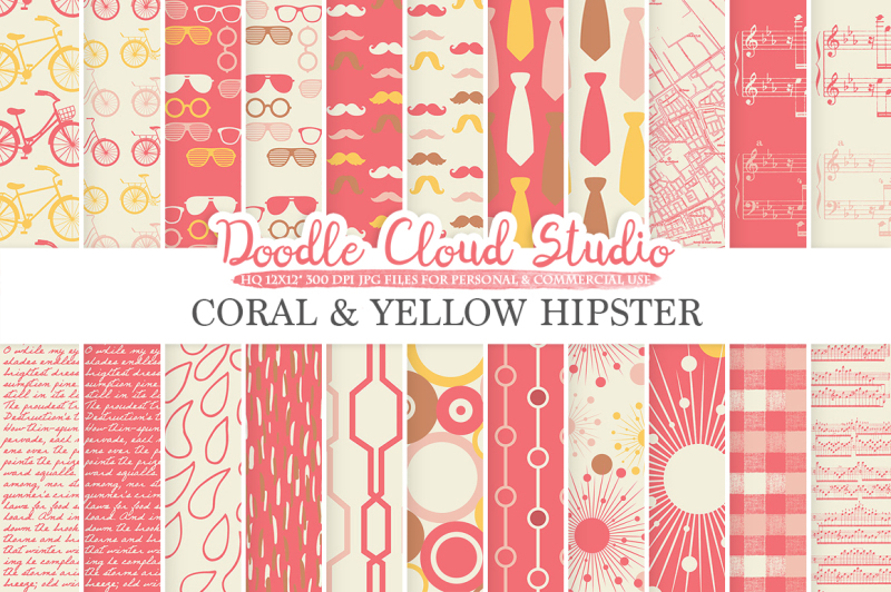 coral-and-yellow-hipster-digital-paper-pink-vintage-father-s-day-tie-mustaches-bikes-music-glasses-plaid-patterns-personal-and-commercial-use