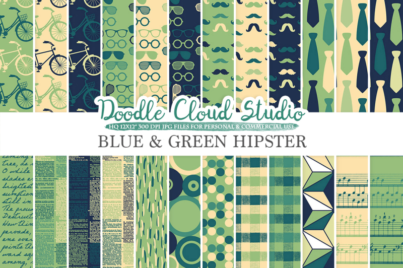 blue-and-green-hipster-digital-paper-vintage-father-s-day-tie-mustaches-bikes-music-glasses-plaid-cream-patterns-personal-and-commercial-use