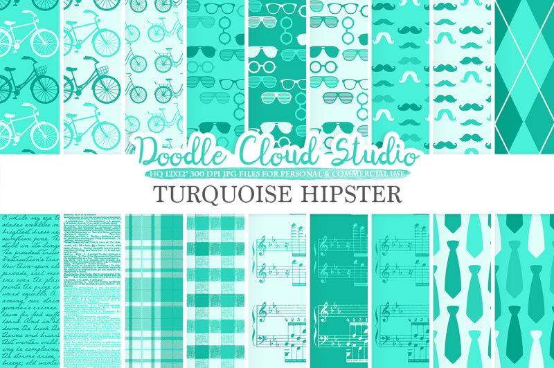 aqua-hipster-digital-paper-father-s-day-tie-mustaches-bikes-music-glasses-plaid-turquoise-pattern-instant-download-personal-and-commercial-use