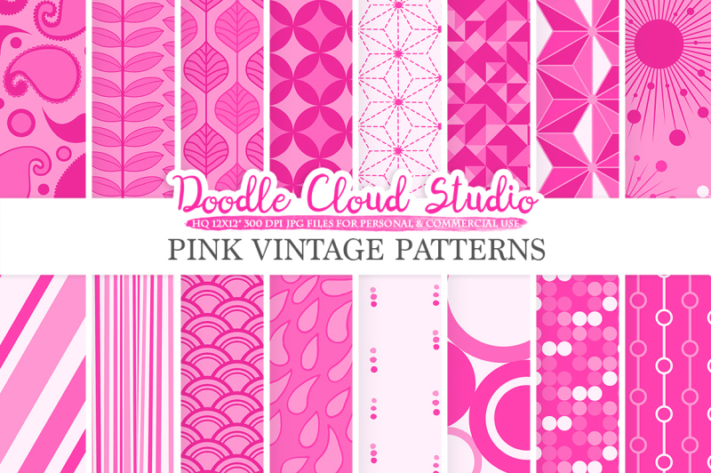hot-pink-retro-digital-paper-geometric-vintage-patterns-fuchsia-digital-backgrounds-instant-download-for-personal-and-commercial-use