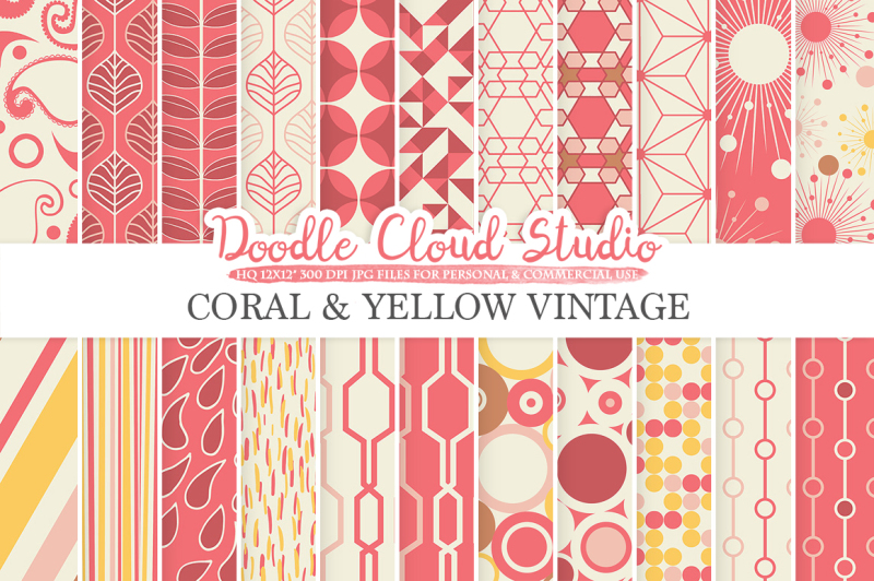 coral-and-yellow-retro-digital-paper-geometric-vintage-patterns-coral-pink-yellow-brown-digital-backgrounds-for-personal-and-commercial-use