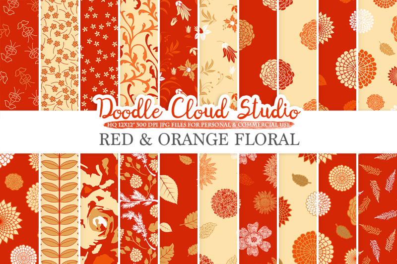 red-and-orange-floral-digital-paper-red-and-gold-floral-patterns-flowers-dhalia-leaves-damask-calico-backgrounds-personal-and-commercial-use