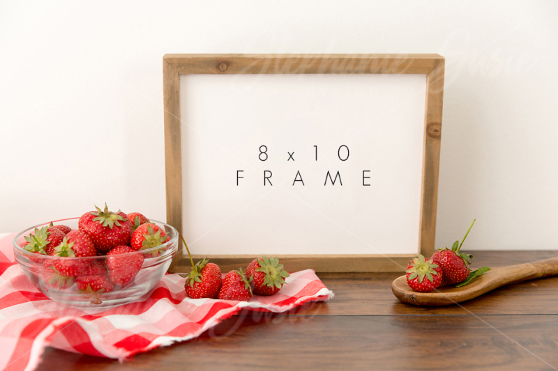 Download Download Wood Frame and Strawberries with Wooden Spoon Styled Mock Up PSD Mockup - Athletic ...