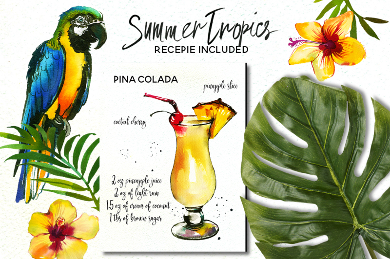 tropic-watercolor-flowers-animals-fruits
