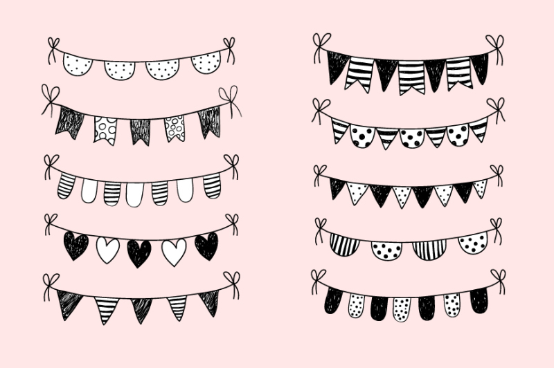 black-and-white-doodle-bunting-clipart-hand-drawn-birthday-banner-clip-art