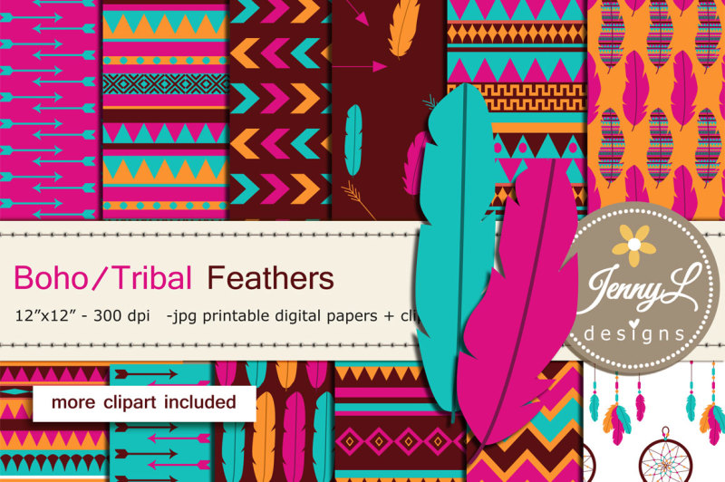 boho-feather-tribal-digital-papers-and-clipart-set