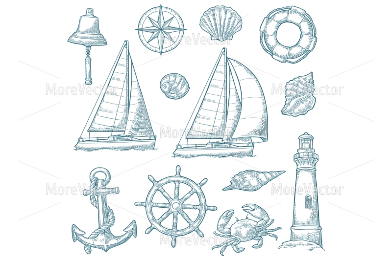 set-sea-adventure-anchor-wheel-sailing-ship-compass-rose-shell-crab-bell-lifebuoy-lighthouse