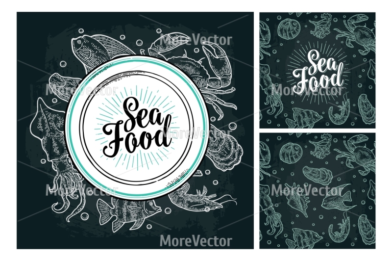 square-poster-and-seamless-pattern-sea-food-with-lettering-on-the-plate-cuttlefish-oyster-star-crab-shrimp-fish
