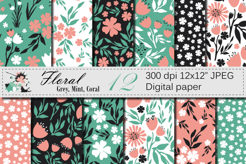 seamless-floral-digital-paper-hand-drawn-flowers-gray-mint-coral