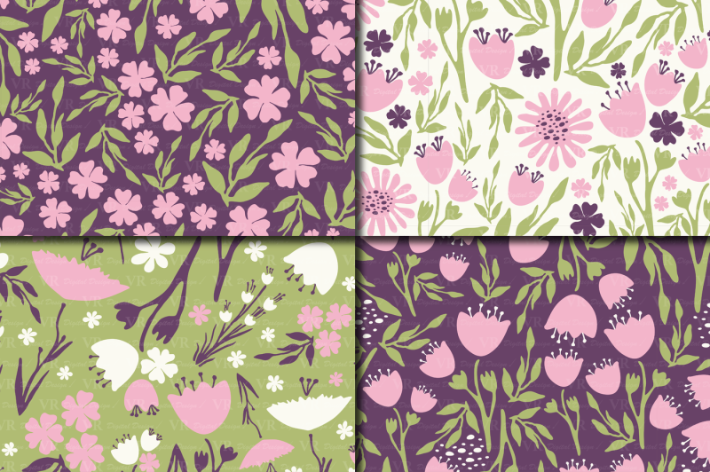 seamless-floral-digital-paper-hand-drawn-flowers-pink-purple-green