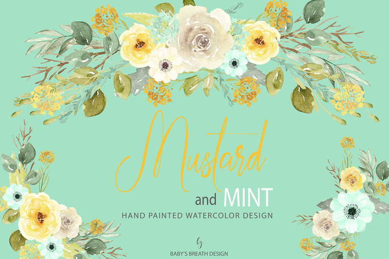 watercolor-mustard-and-mint-flower-clip-art-hand-drawn-flowers