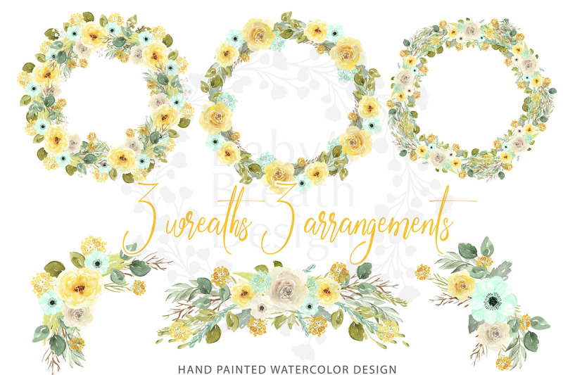 watercolor-mustard-and-mint-flower-clip-art-hand-drawn-flowers-wreaths