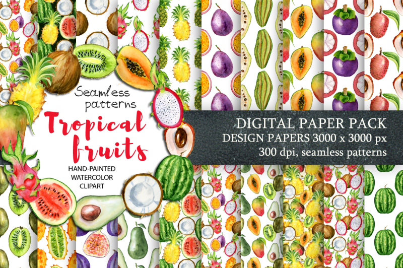 digital-paper-seamless-pattern-watercolor-tropical-fruits-clipart