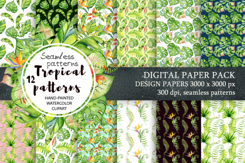 tropical-patterns-digital-paper-seamless-pattern-watercolor-tropical-leaves-and-flowers-clipart-nbsp