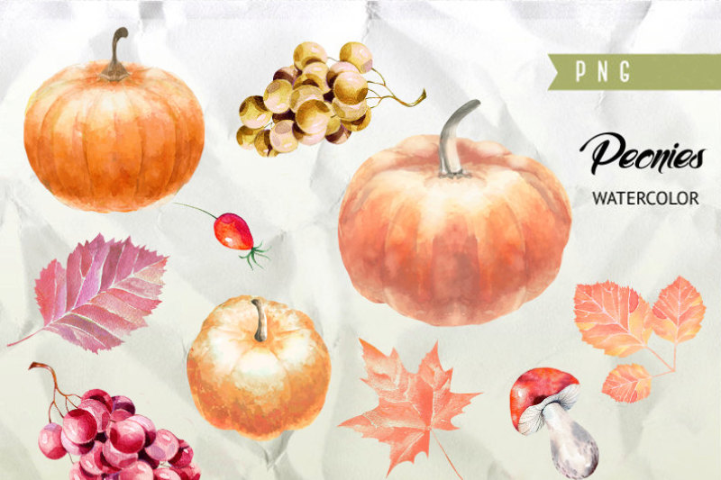 pumpkin-watercolor-clipart-halloween-autumn-briar-yellow-leaves-digital-clipart-hand-painted-clipart-fall-clipart-instant-download