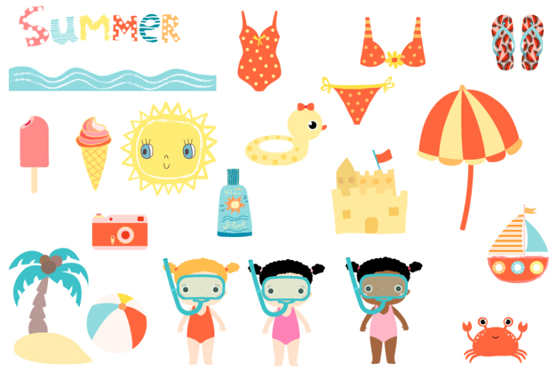 cute-summer-clipart-set-beach-holiday-clip-art-sun-snorkel-girl-ice-cream
