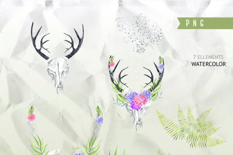 70-off-skull-deer-with-antlers-hand-painted-horns-fern-peony-sprigs-wild-boho-clipart-wedding-flowers-bohemian-tribe